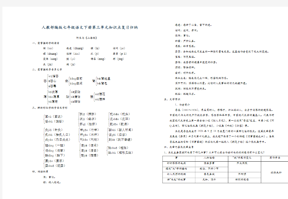 人教部编版七年级语文下册第三单元知识点复习归纳