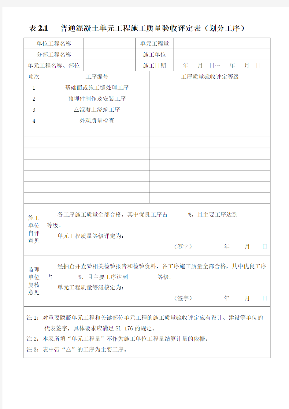 2.1普通混凝土工序施工质量及单元工程施工质量验收评定表