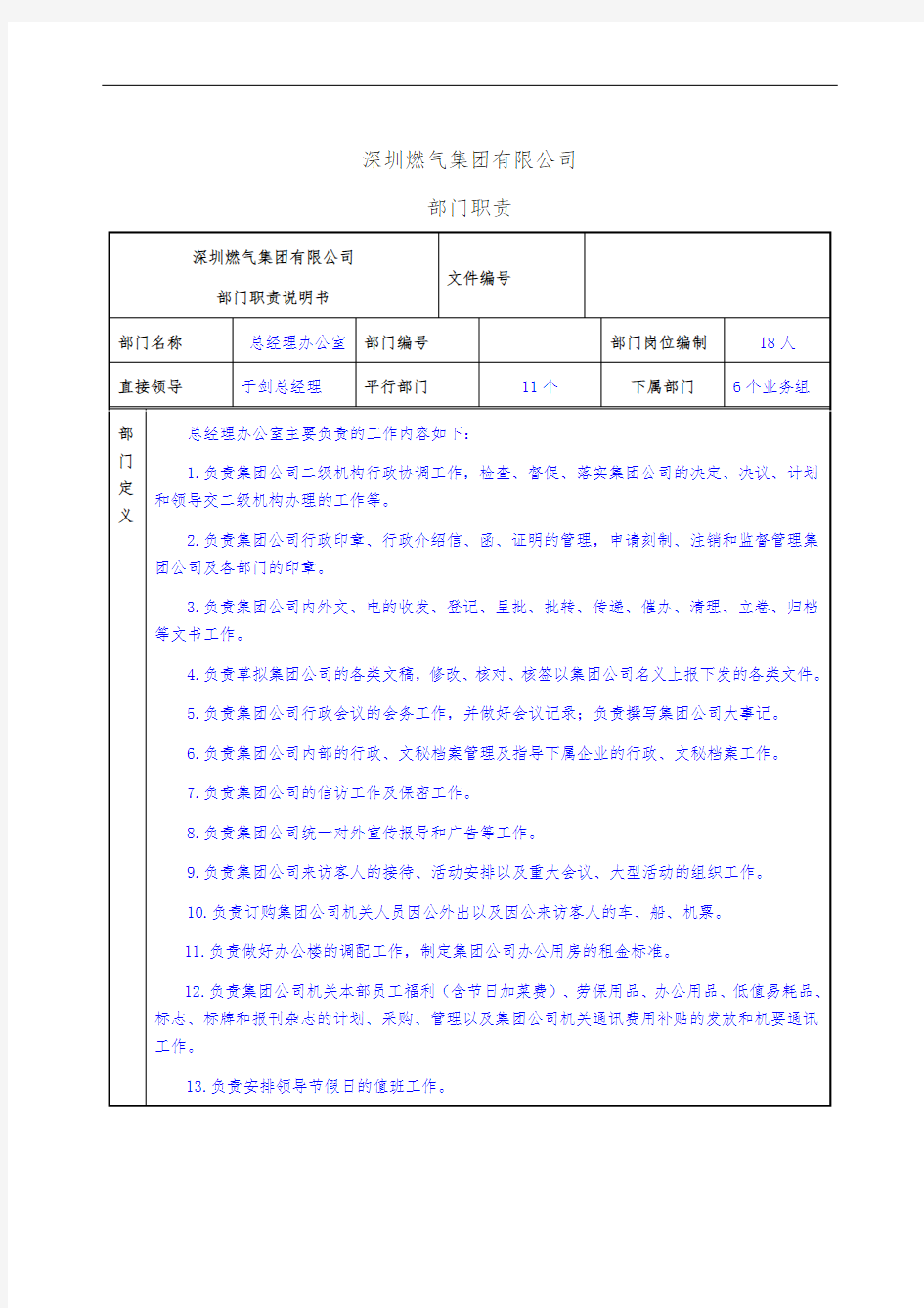 部门职责说明书-总经理办公室