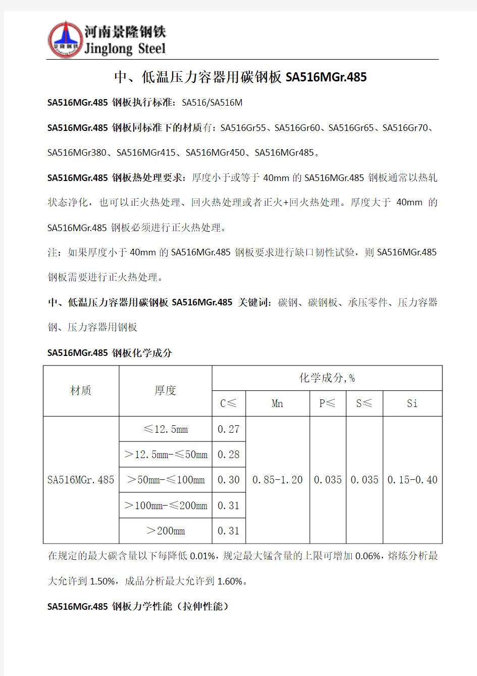 中低温压力容器用碳钢板SA516MGr.485