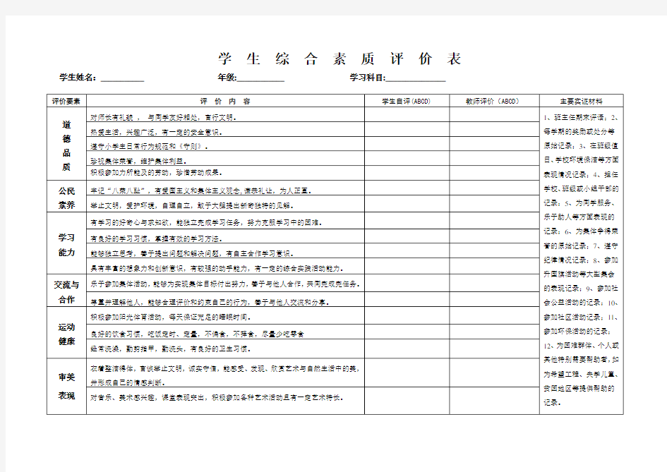 中学生综合素质评价表样表