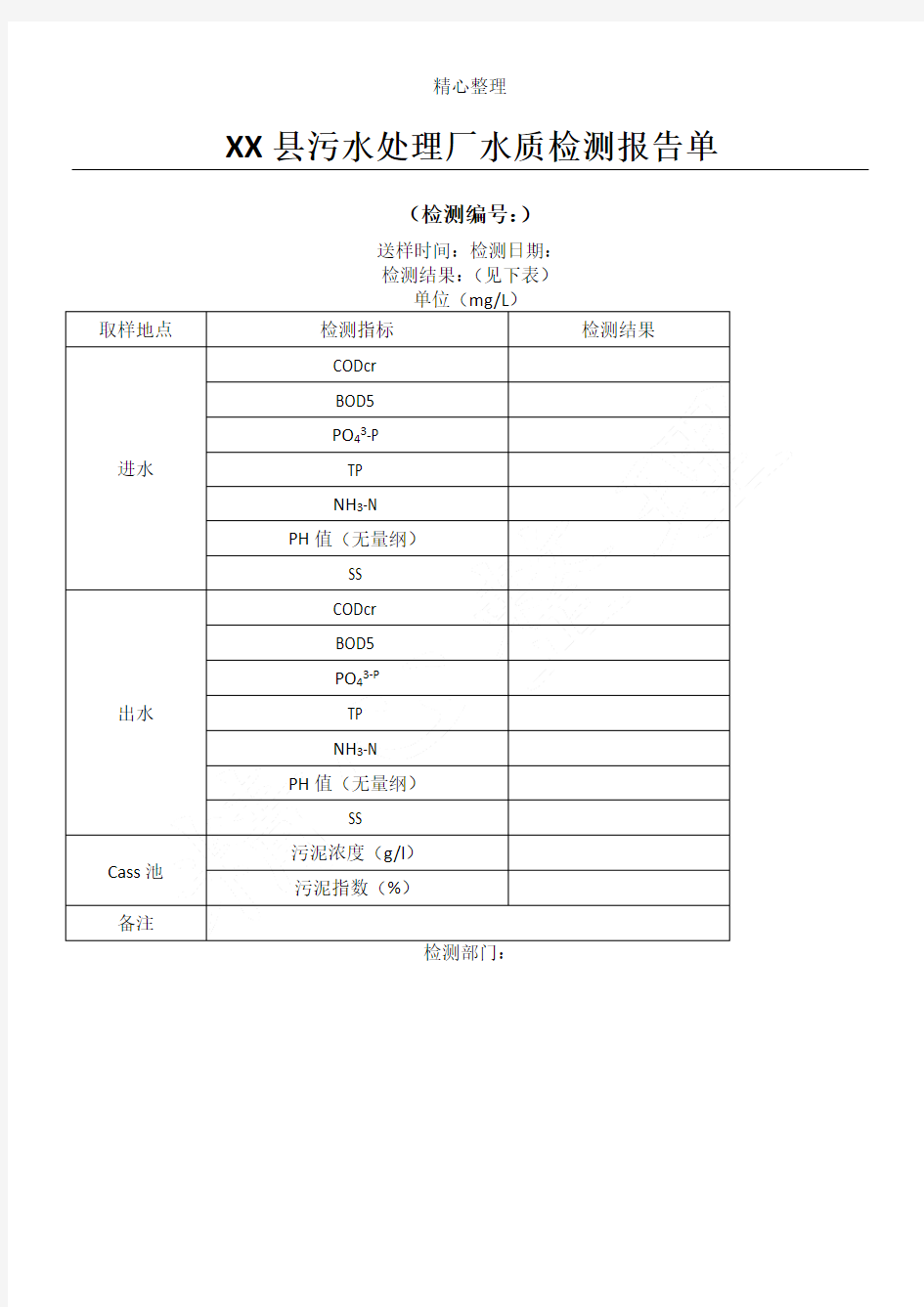 XX县污水处理厂水质检测分析报告单