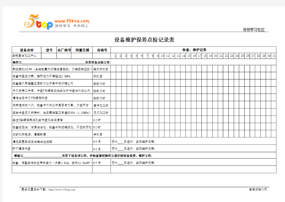 车铣复合加工中心维护保养点检表