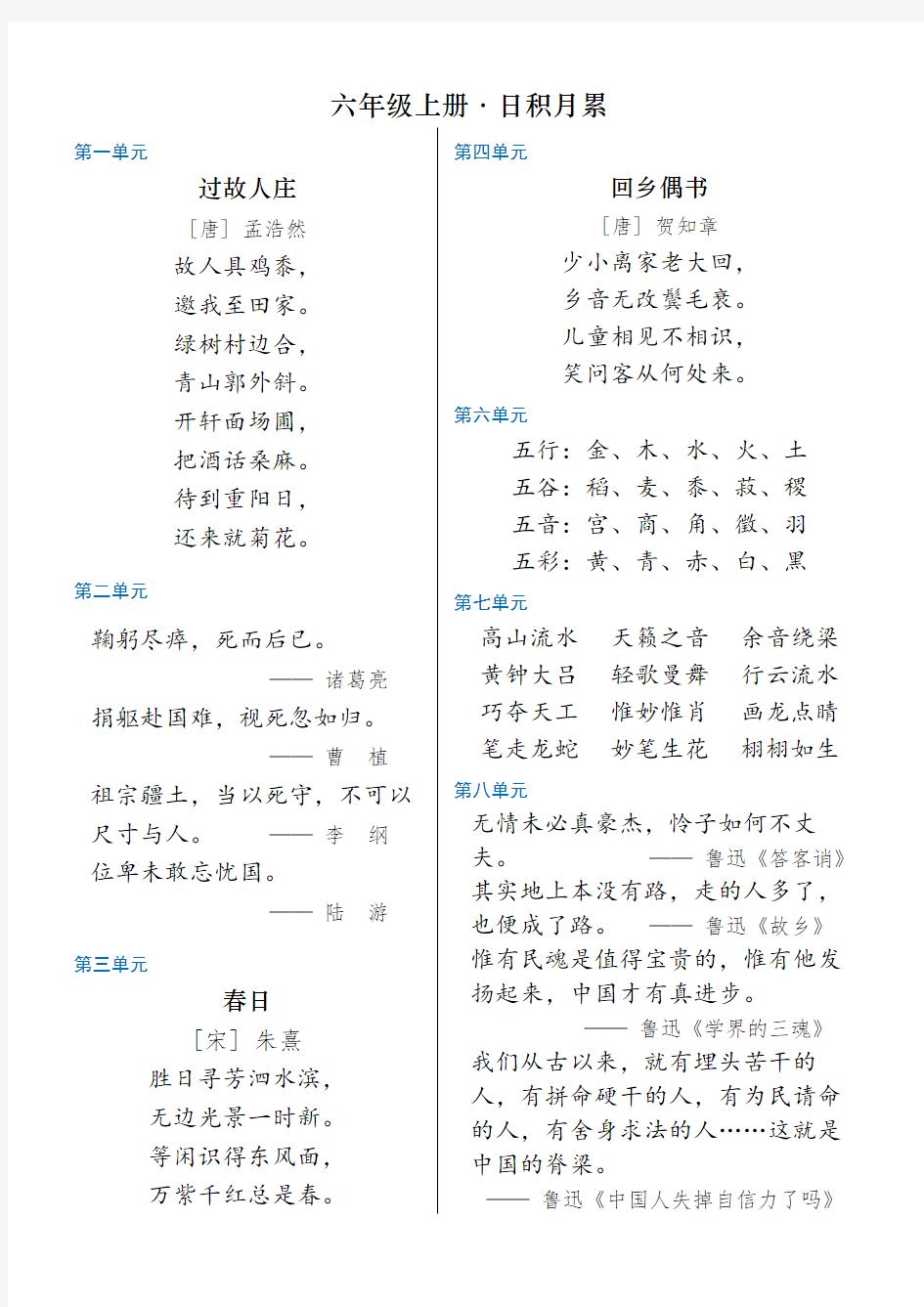 【精品】部编版小学语文六年级上下册语文日积月累人教版六年级上册六年级下册6年级