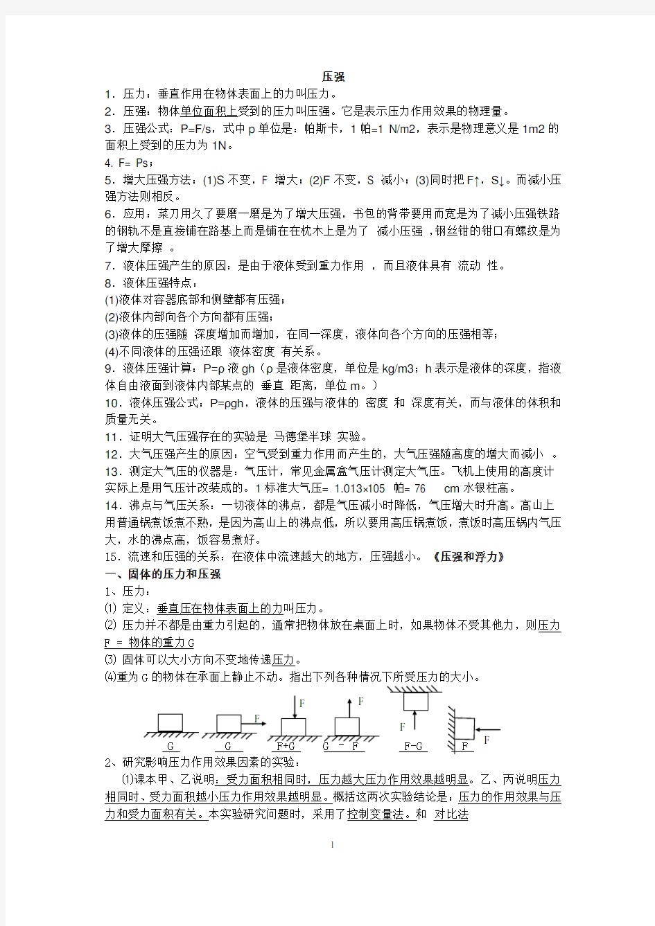 (完整版)初中物理压强、浮力知识点归纳