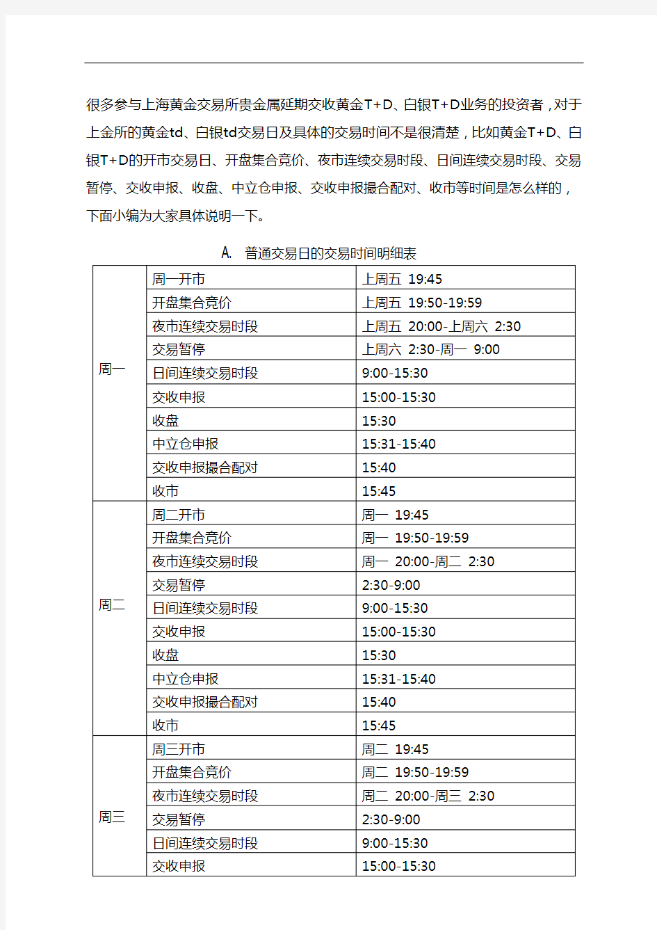 上海黄金交易所黄金T+D、白银T+D交易日交易时间明细表