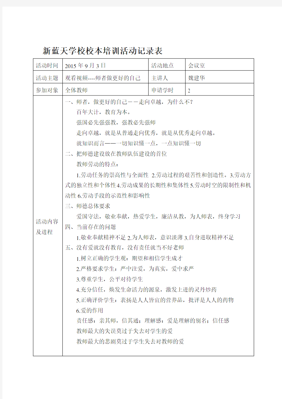 中小学学校校本培训活动记录表