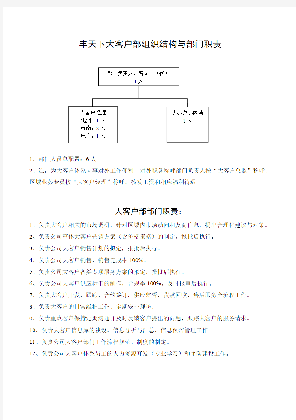 1、大客户部组织结构、部门职责