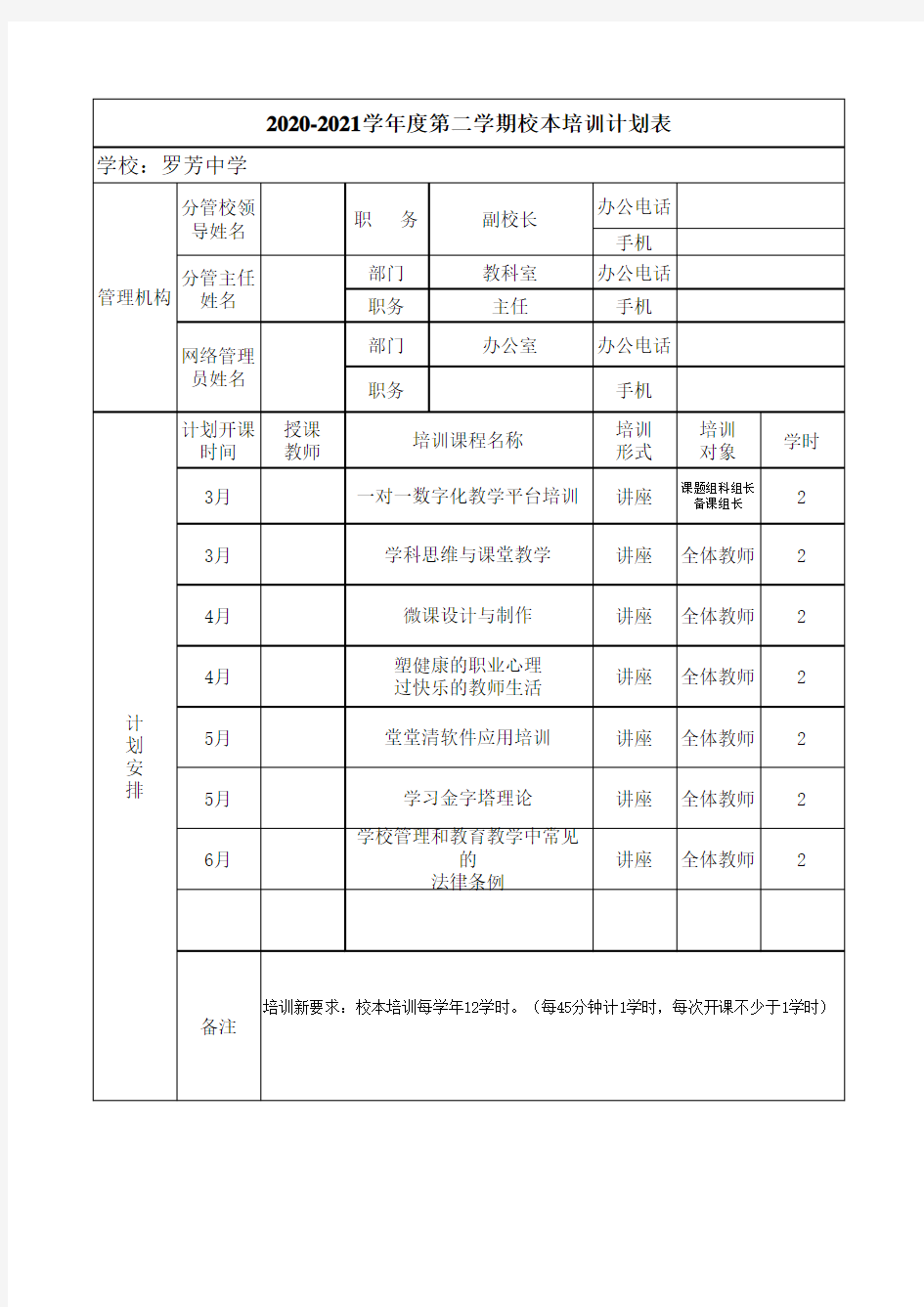 xx学校2020-2021第二学期校本培训计划表