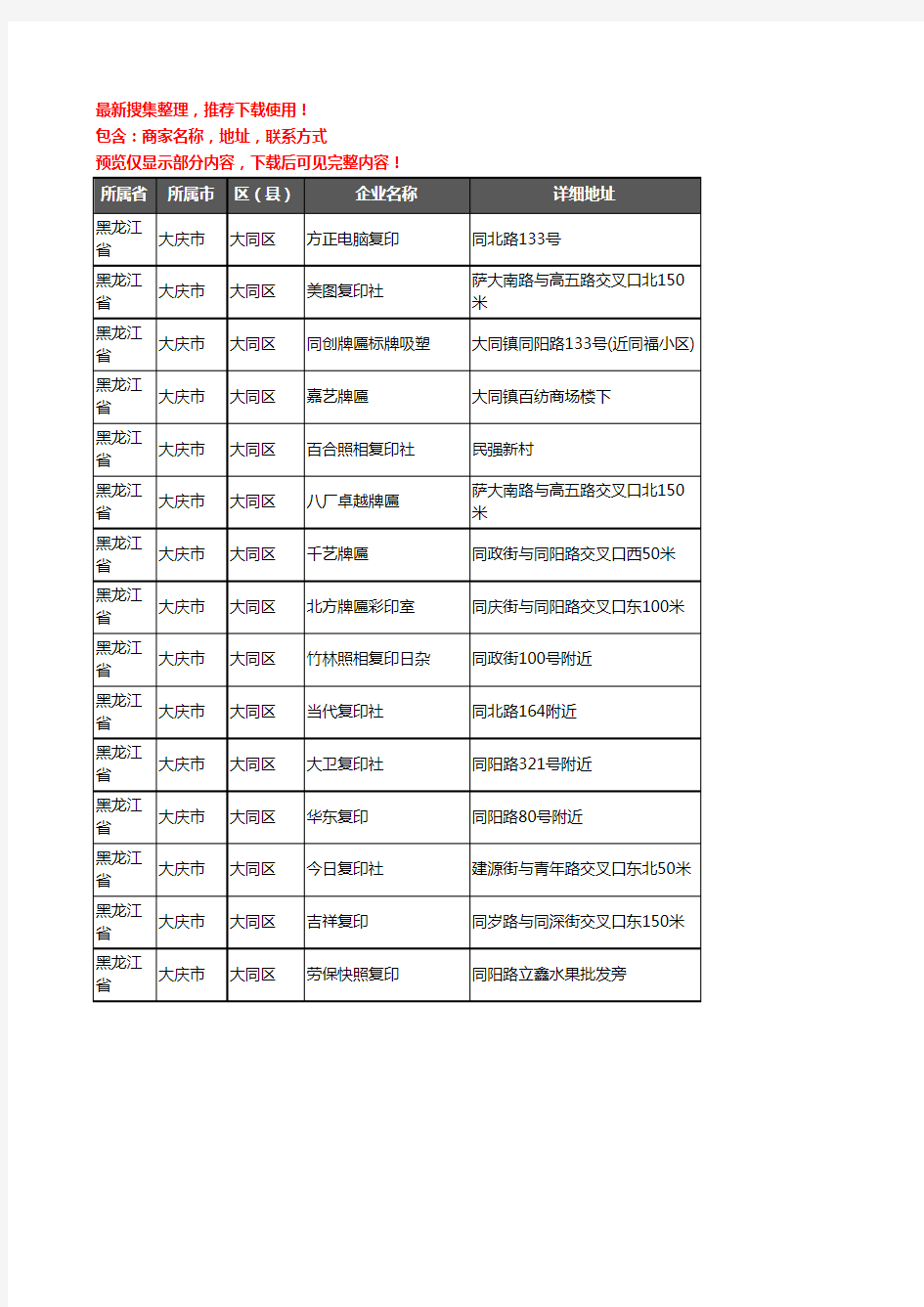 新版黑龙江省大庆市大同区打印企业公司商家户名录单联系方式地址大全15家