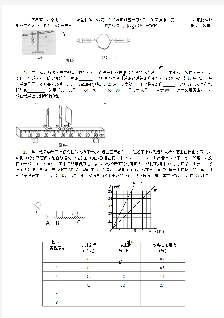 2015年上海中考物理实验专题含答案