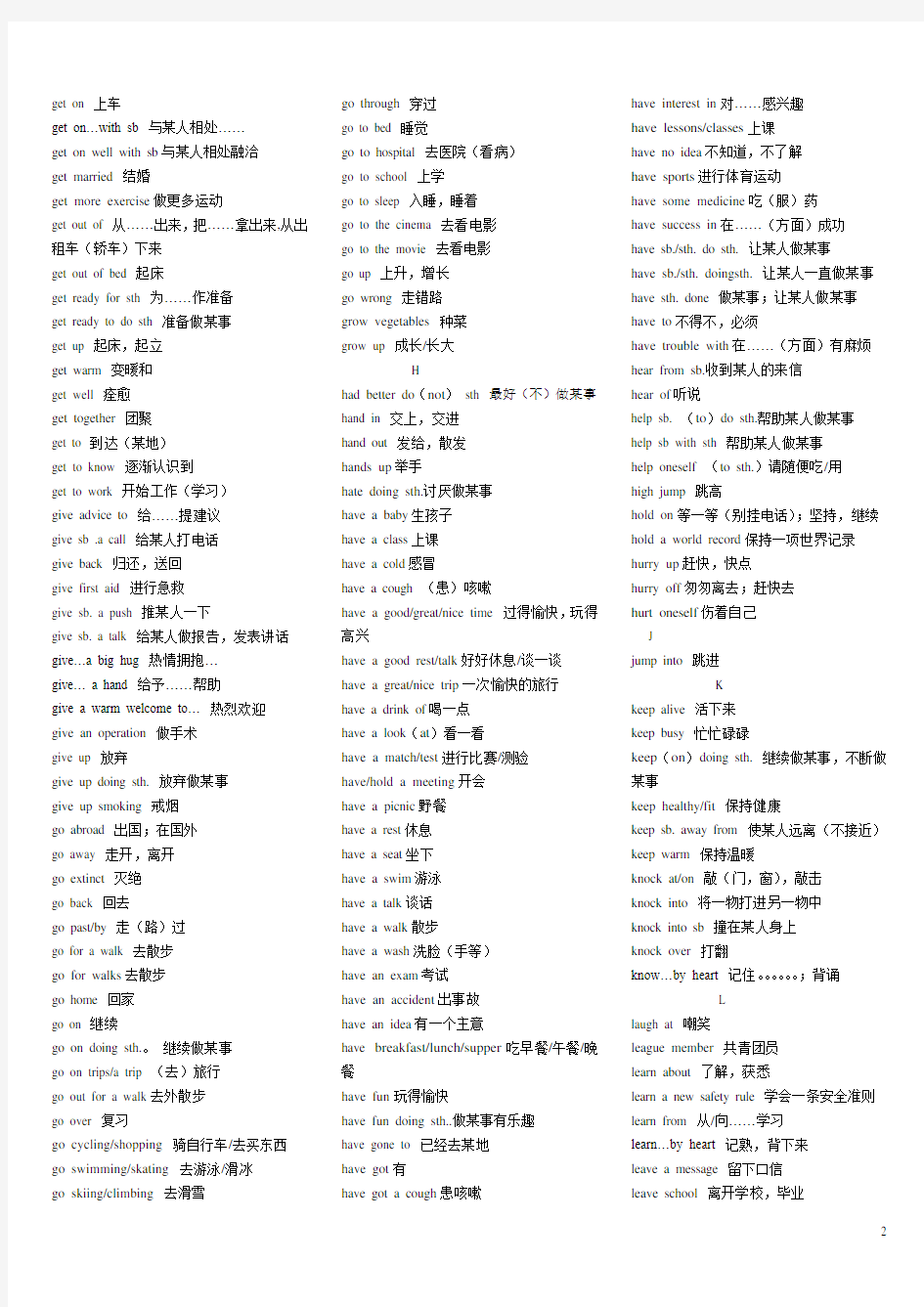 冀教版初中英语常用动词短语汇总