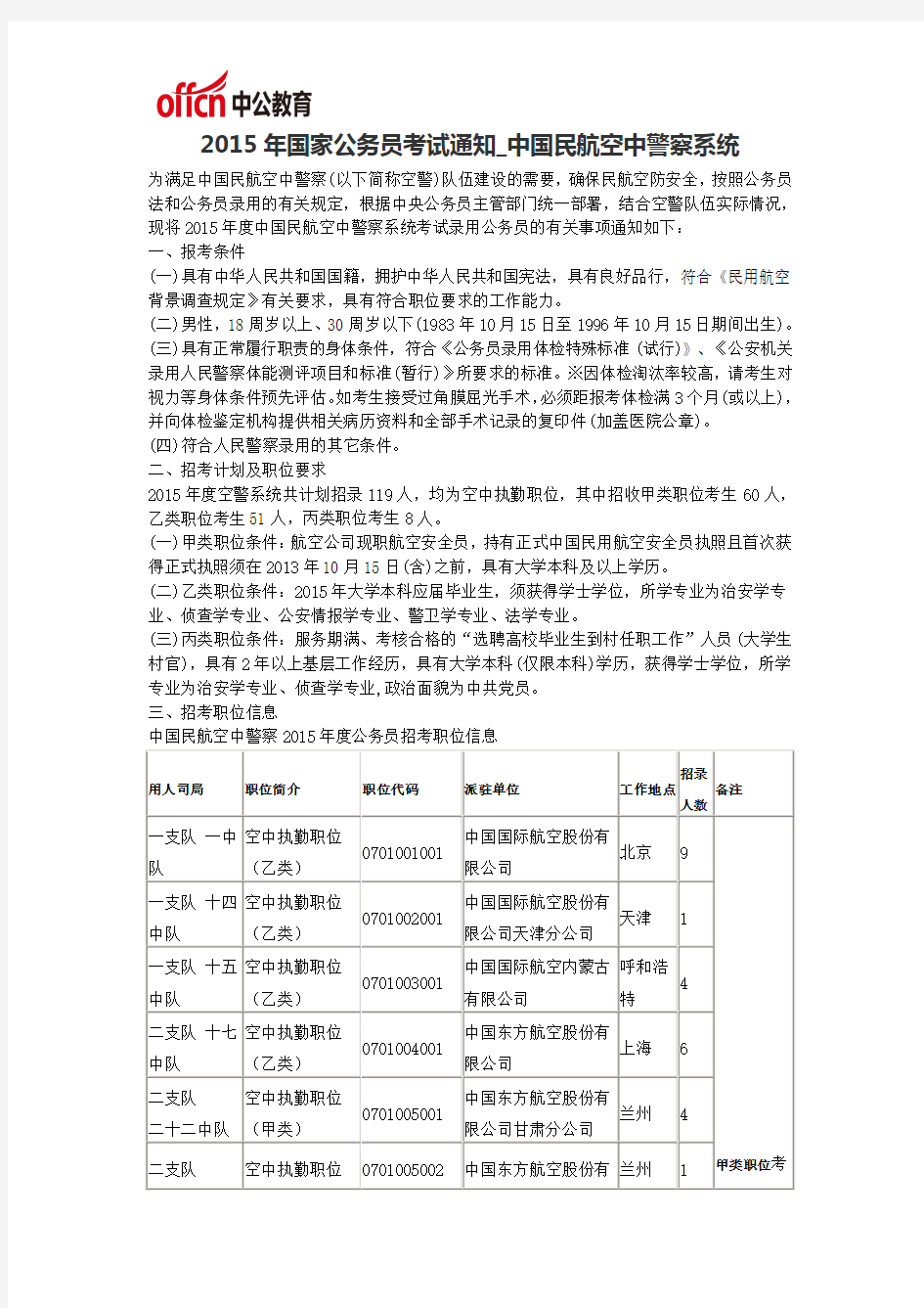 2015年国家公务员考试通知_中国民航空中警察系统