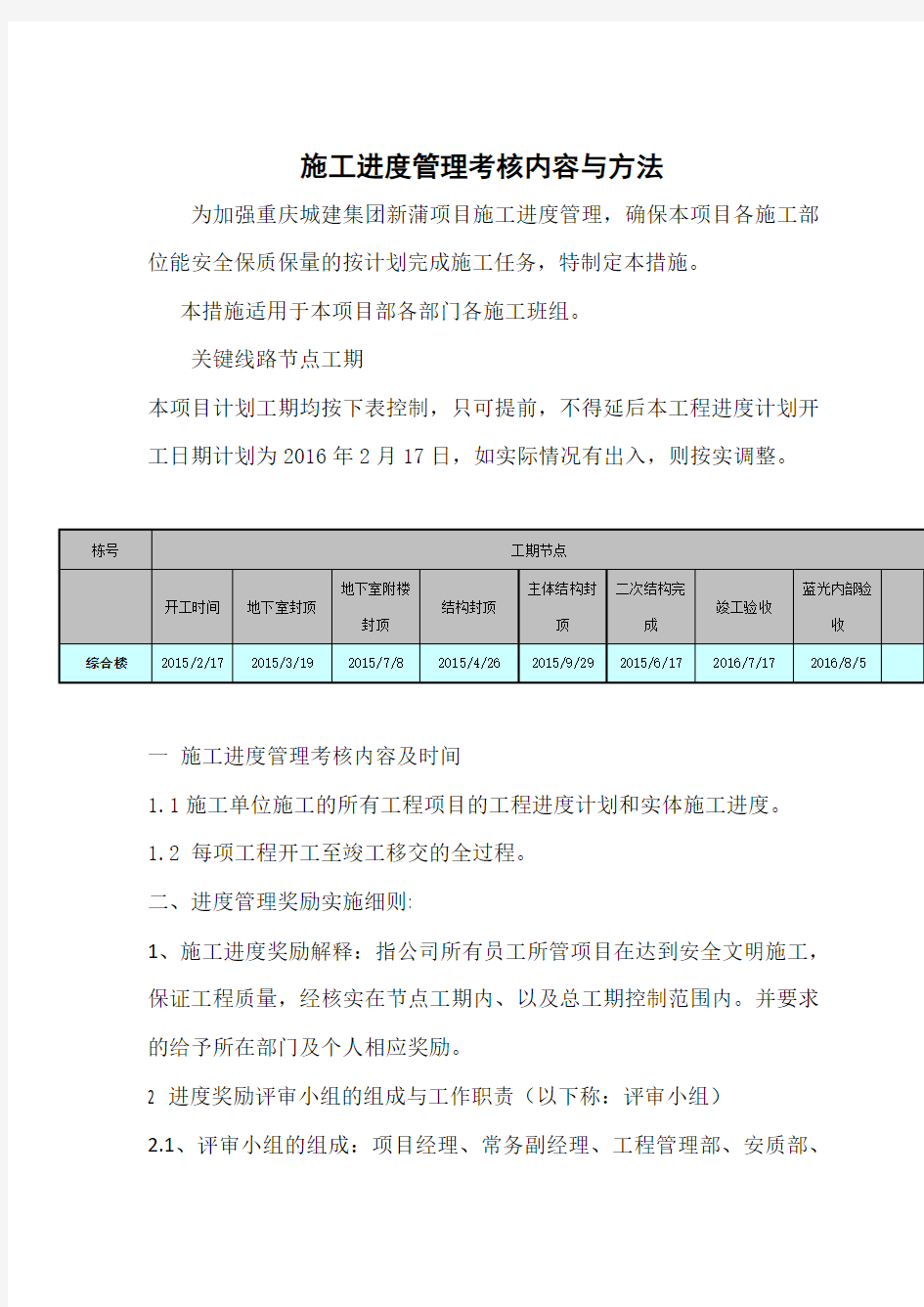 施工进度管理考核内容与方法