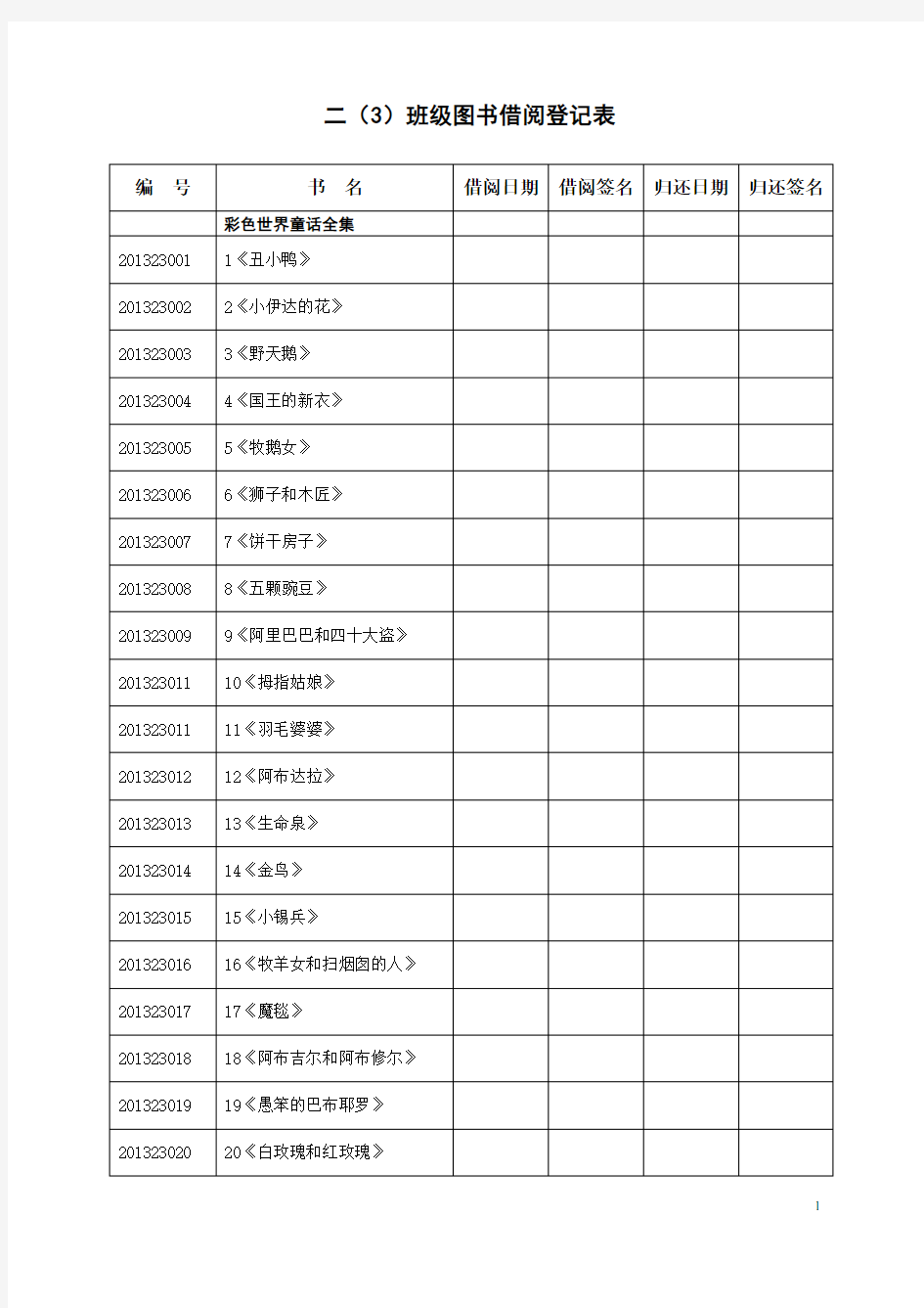 二(3)班级图书借阅登记表