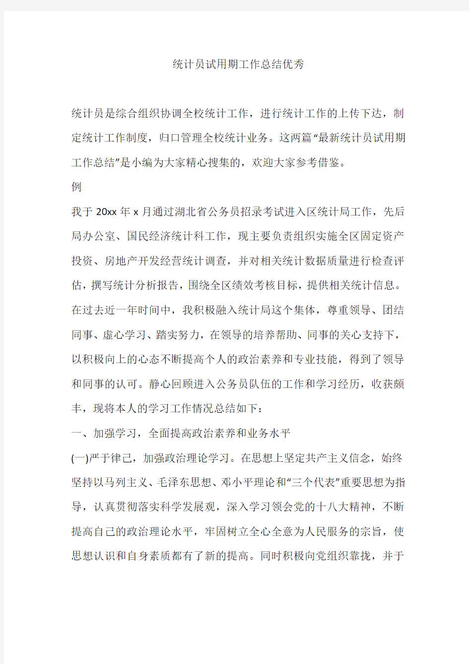 统计员试用期工作总结优秀