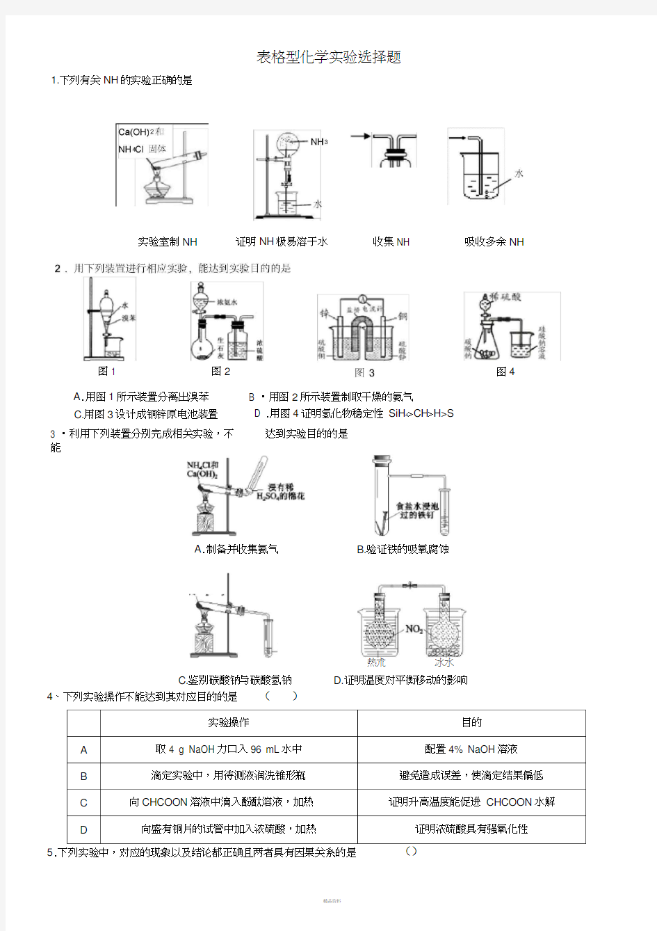 2017年高考表格型化学实验选择题(含答案)