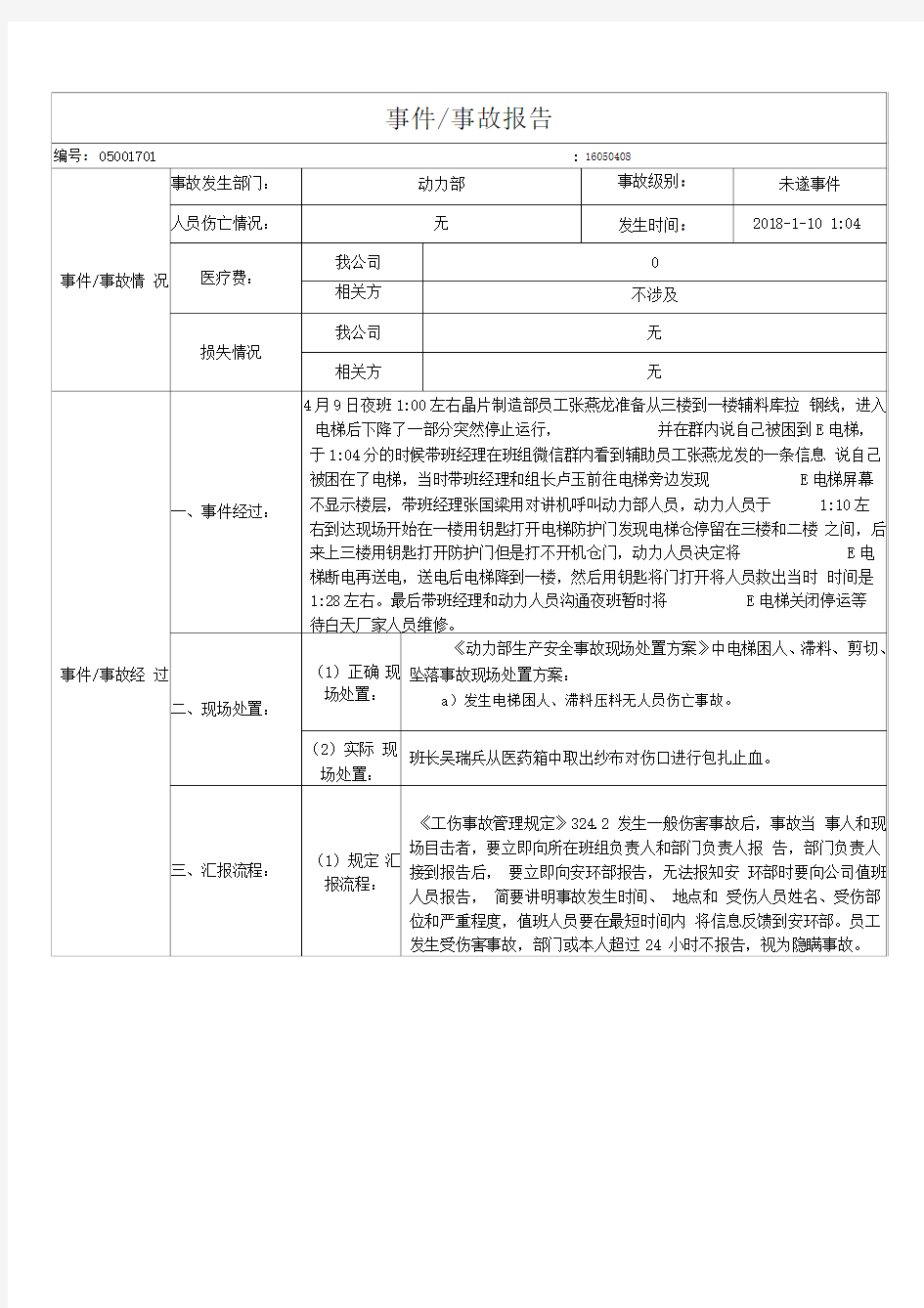 电梯困人事故报告