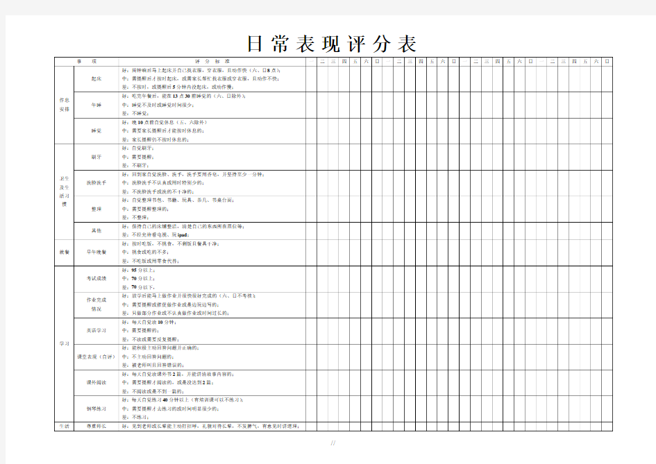 小学生日常表现评分表