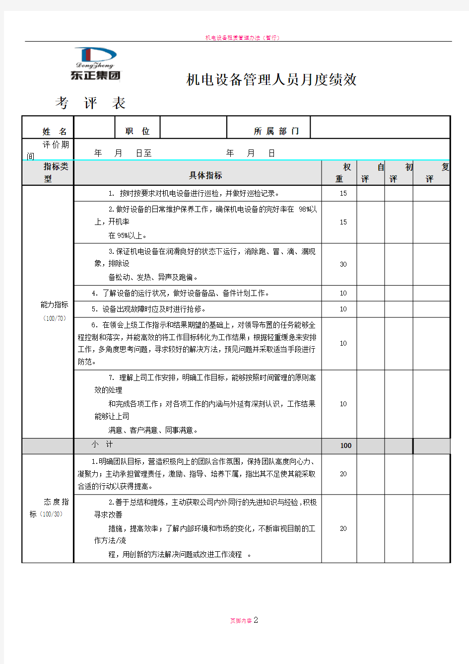 机电设备管理人员考核表