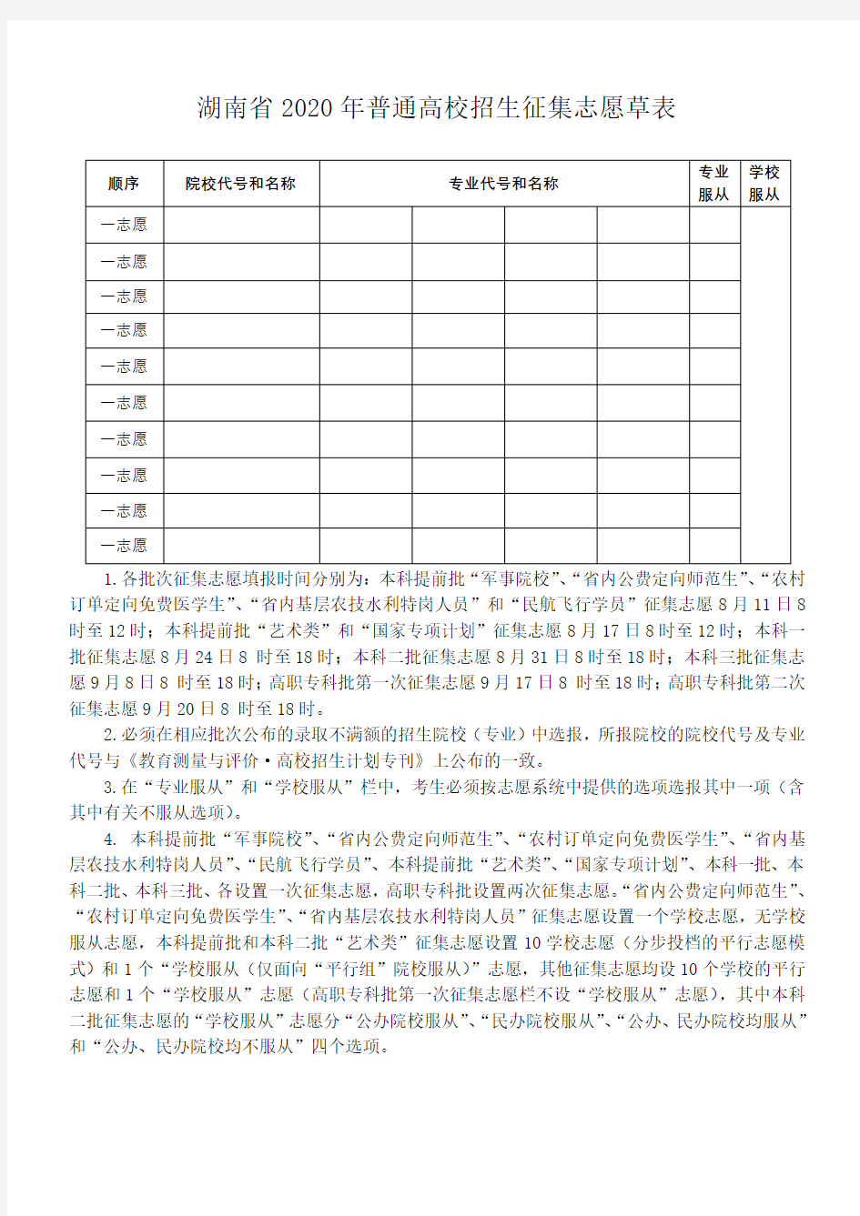 湖南省2020年普通高校招生征集志愿草表