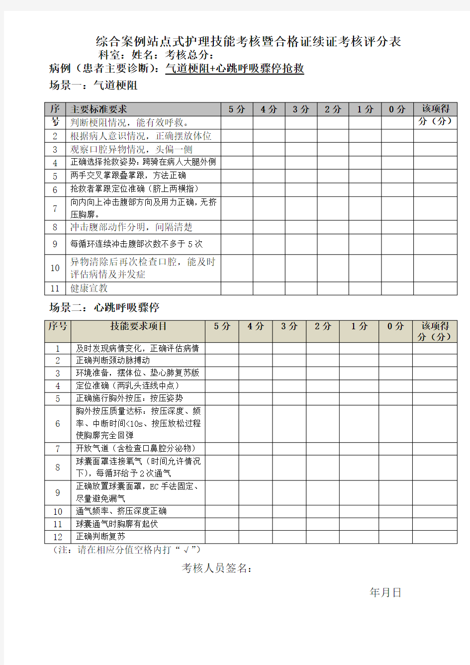 急救技能合格证考核综合案例站点式护理技能考核