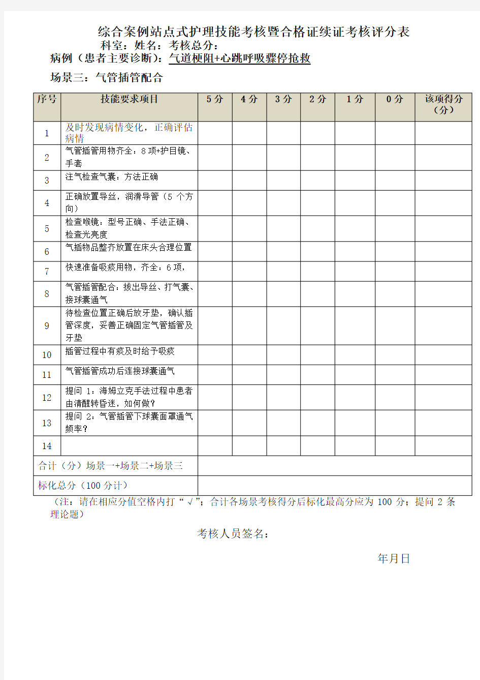 急救技能合格证考核综合案例站点式护理技能考核