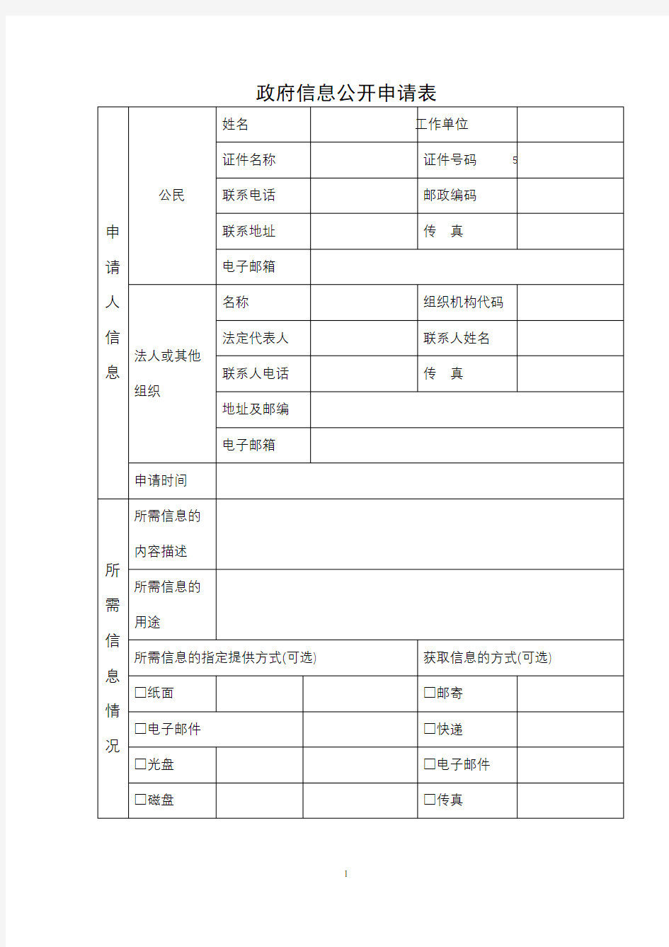 政府信息公开申请表【模板】