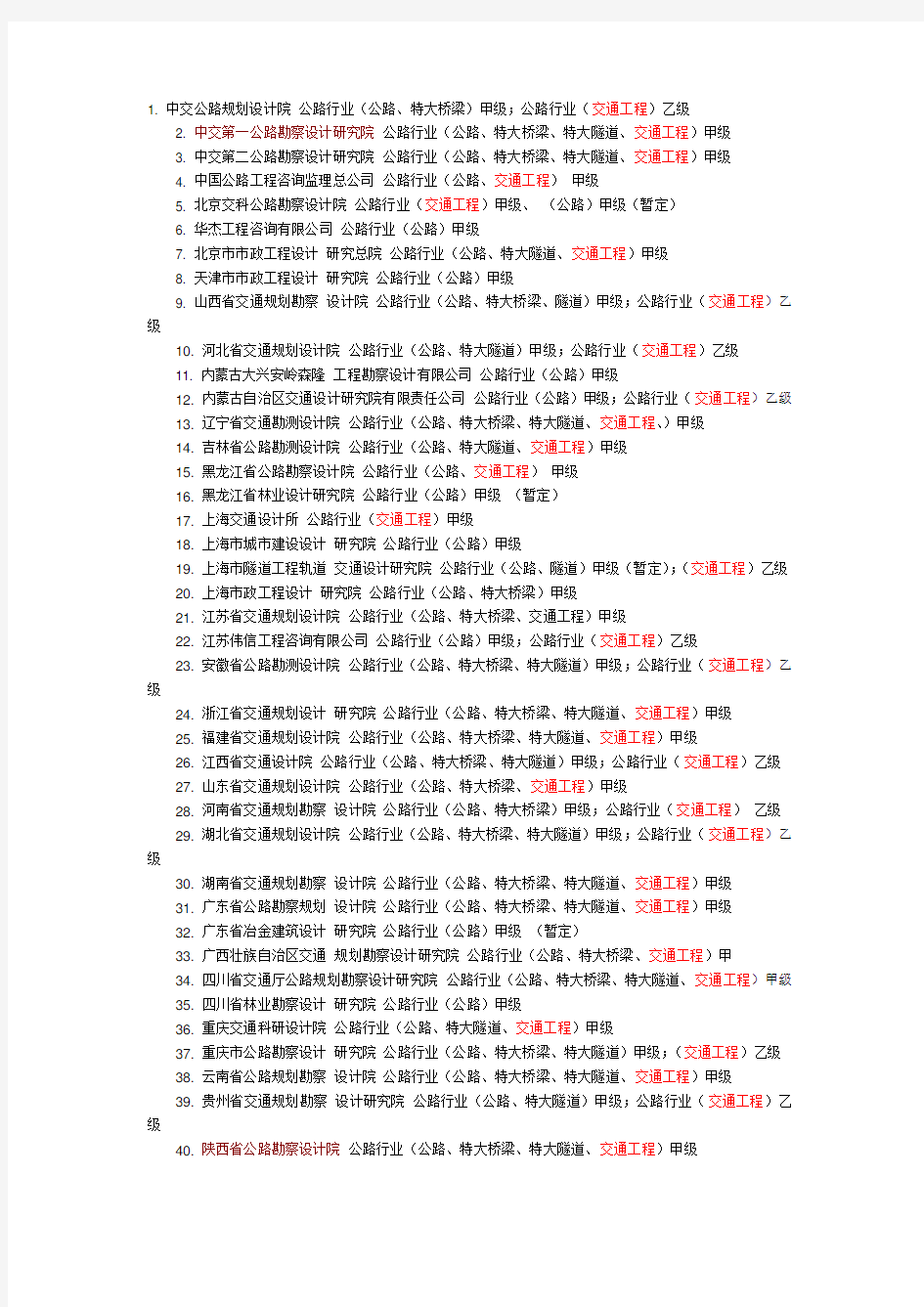 最新公路工程设计资质企业名单(全)