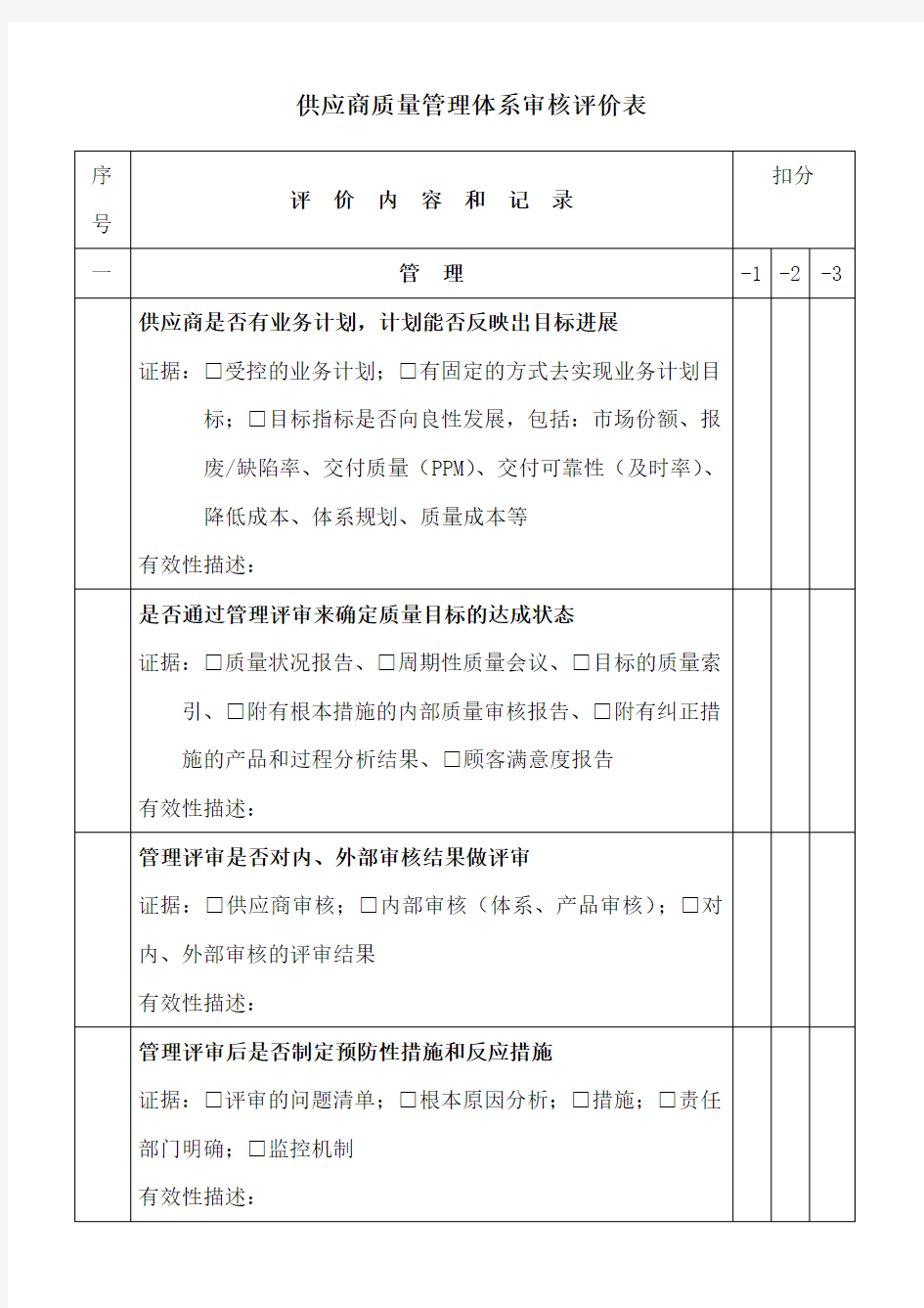 供应商质量管理体系审核评价表