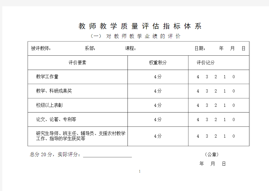 教师教学质量评价指标体系积分表