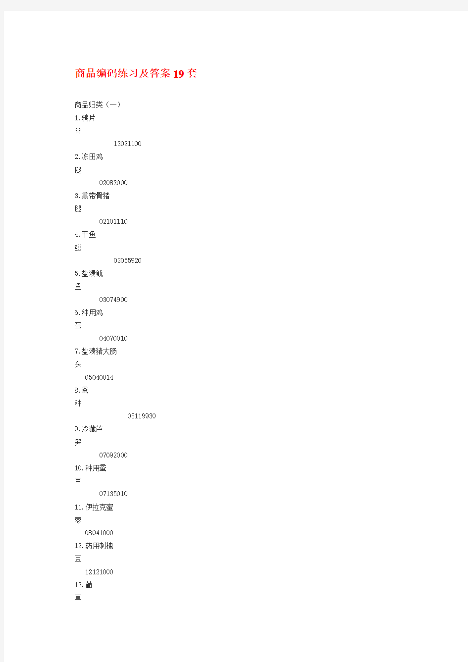 商品编码练习及答案19套Word版