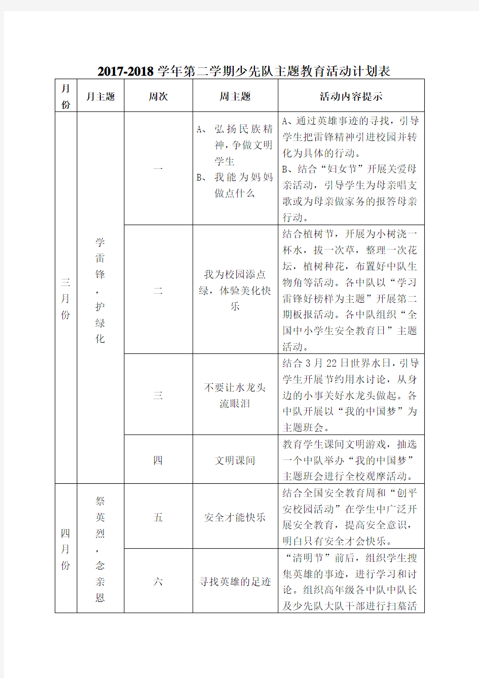 少先队周主题教育活动计划表