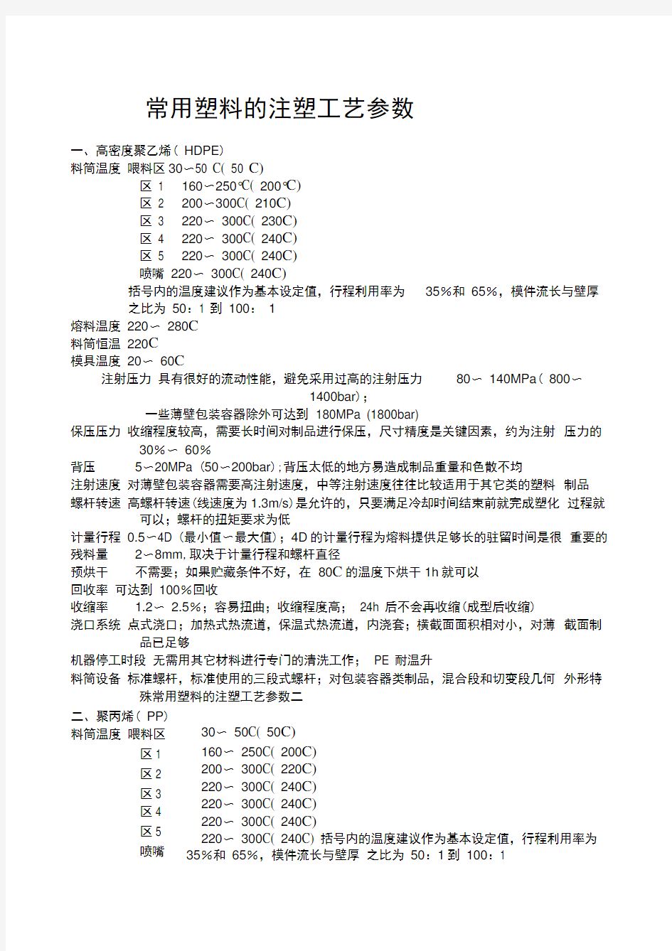 常用塑料的注塑工艺参数一