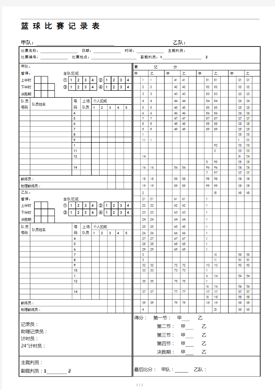 篮球比赛记分表模板