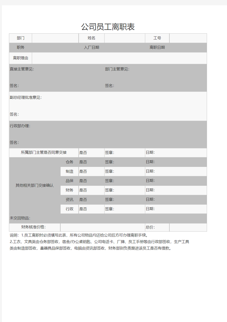 公司员工离职表Excel表