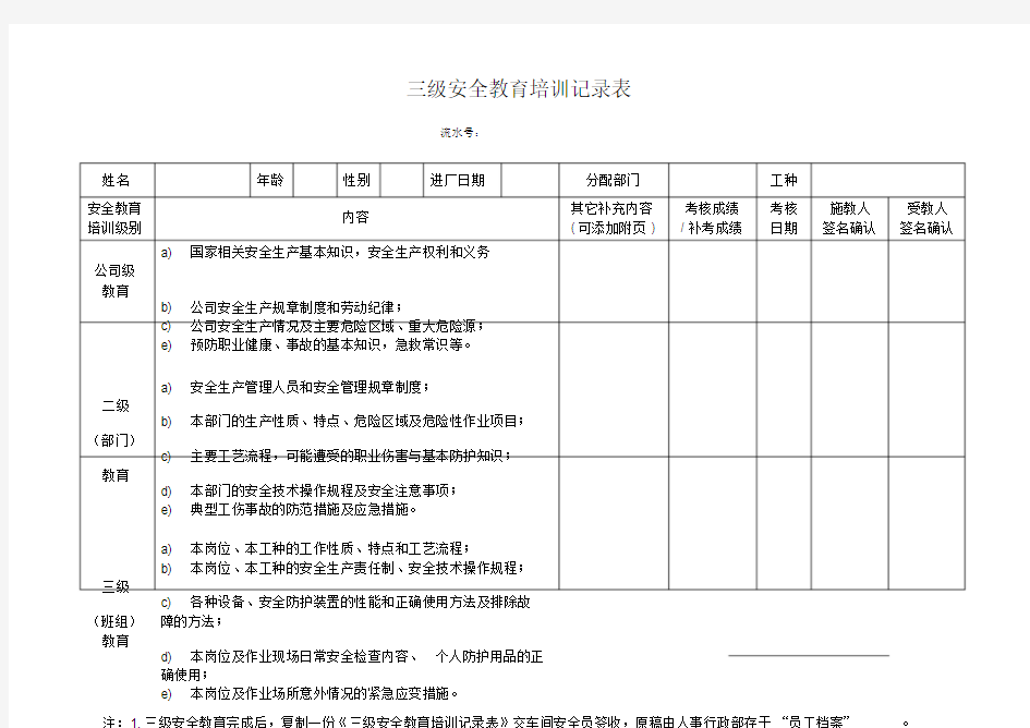 三级安全教育培训记录表