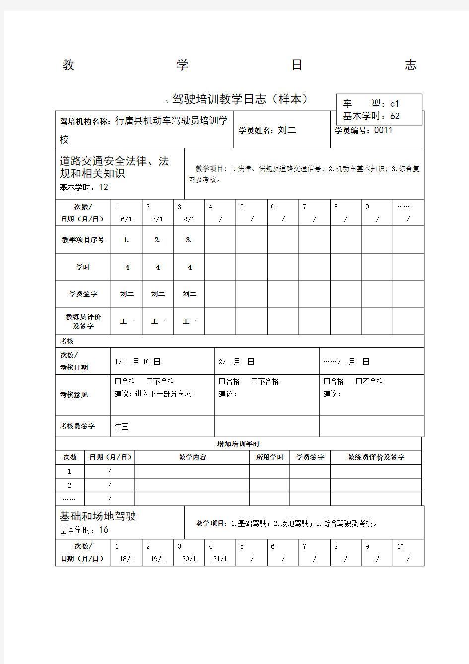 机动车驾驶员培训教学日志c样本