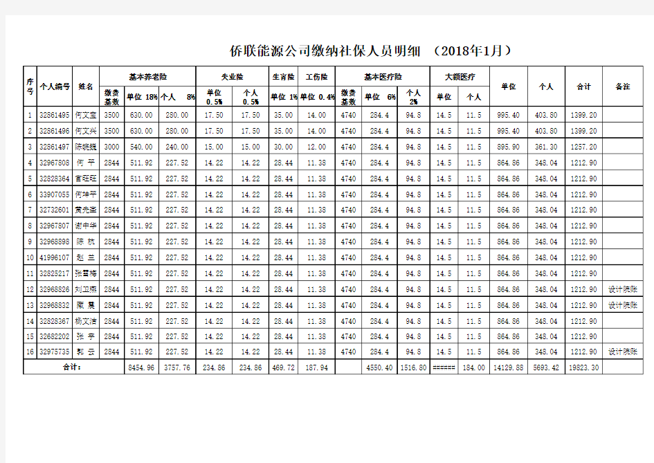 社保缴费汇总表—2018年  最新