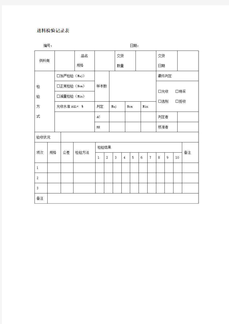 进料检验记录表式样