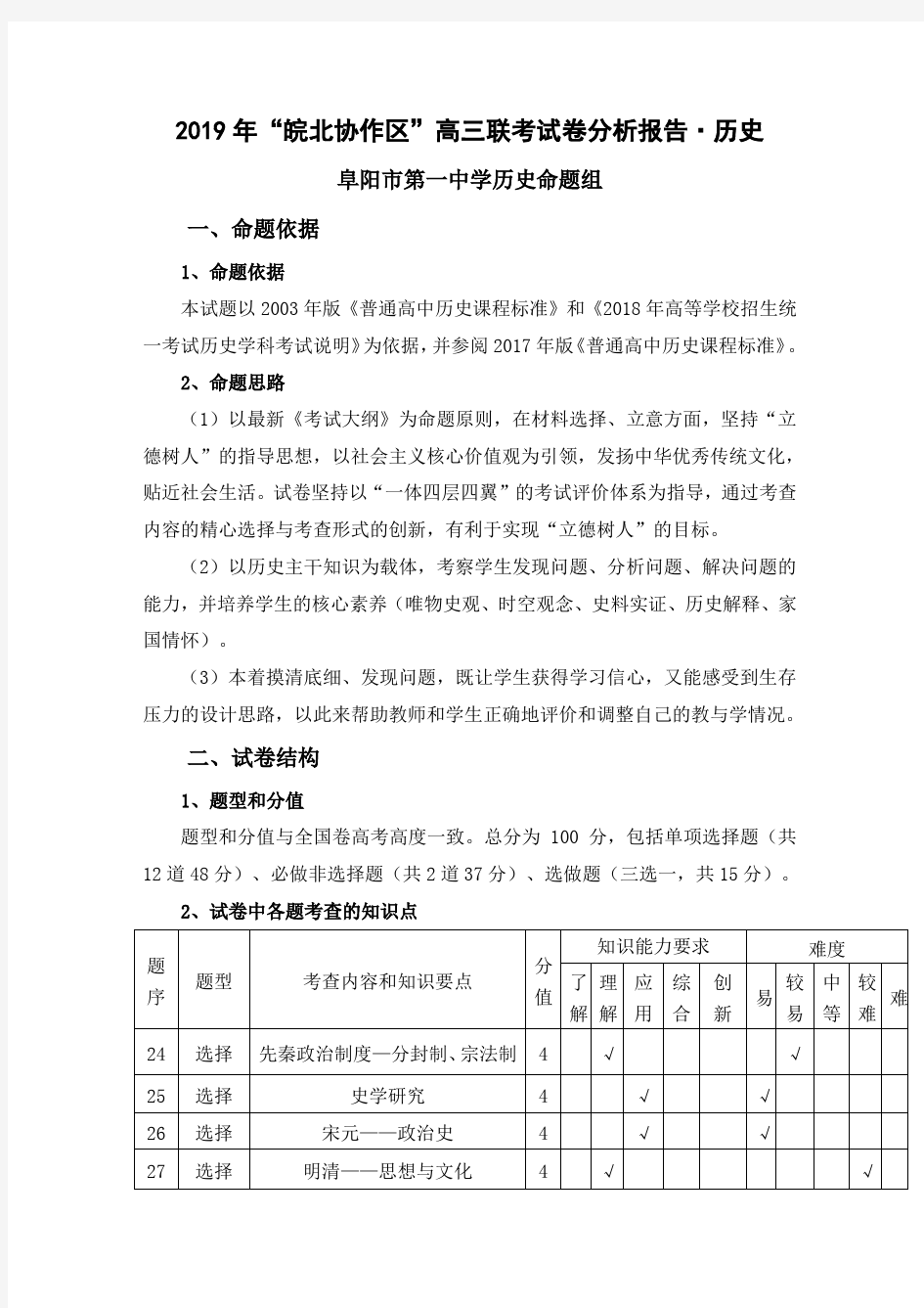 2019年皖北协作区高三联考试卷分析