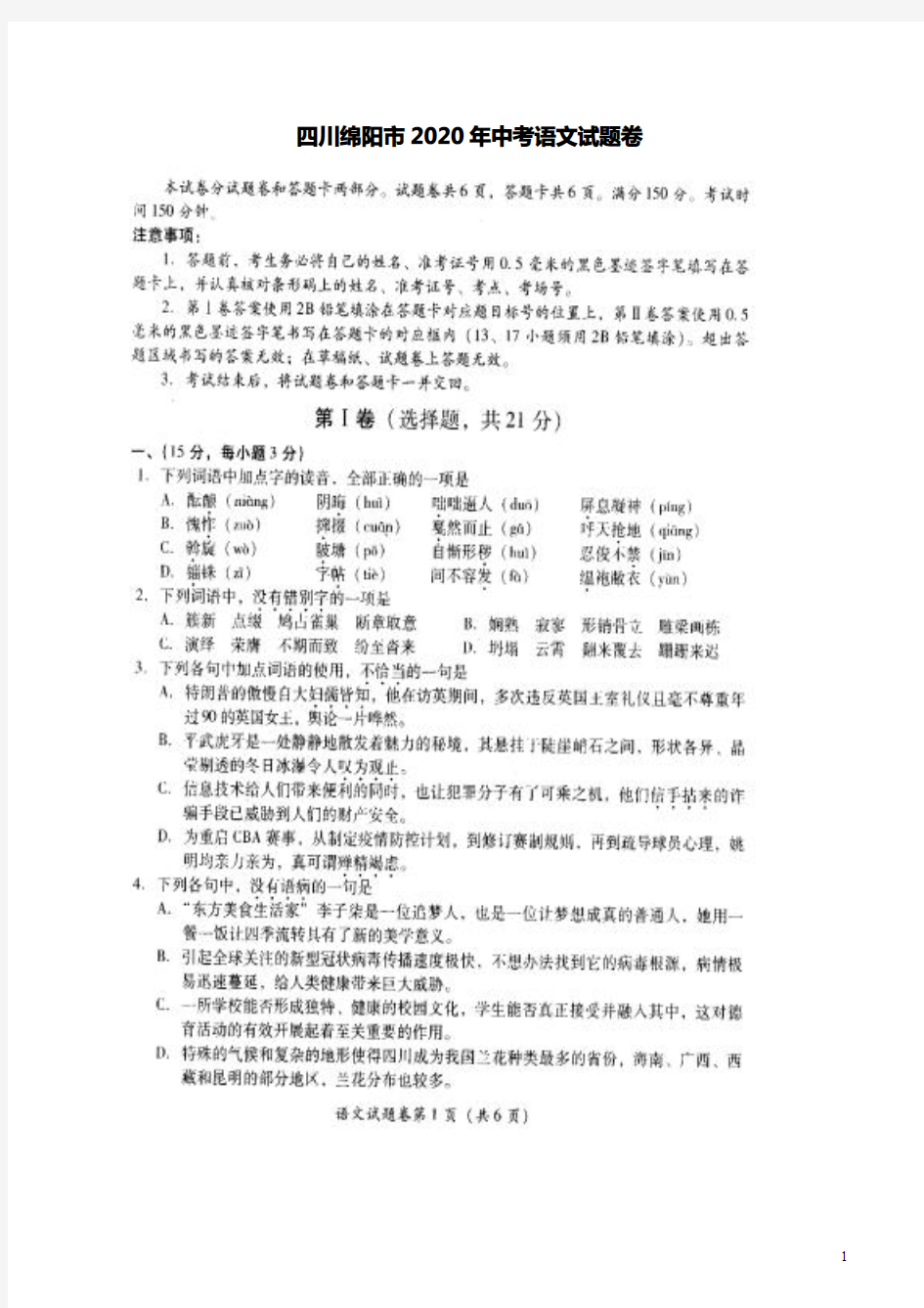 四川绵阳市2020年中考语文试题卷