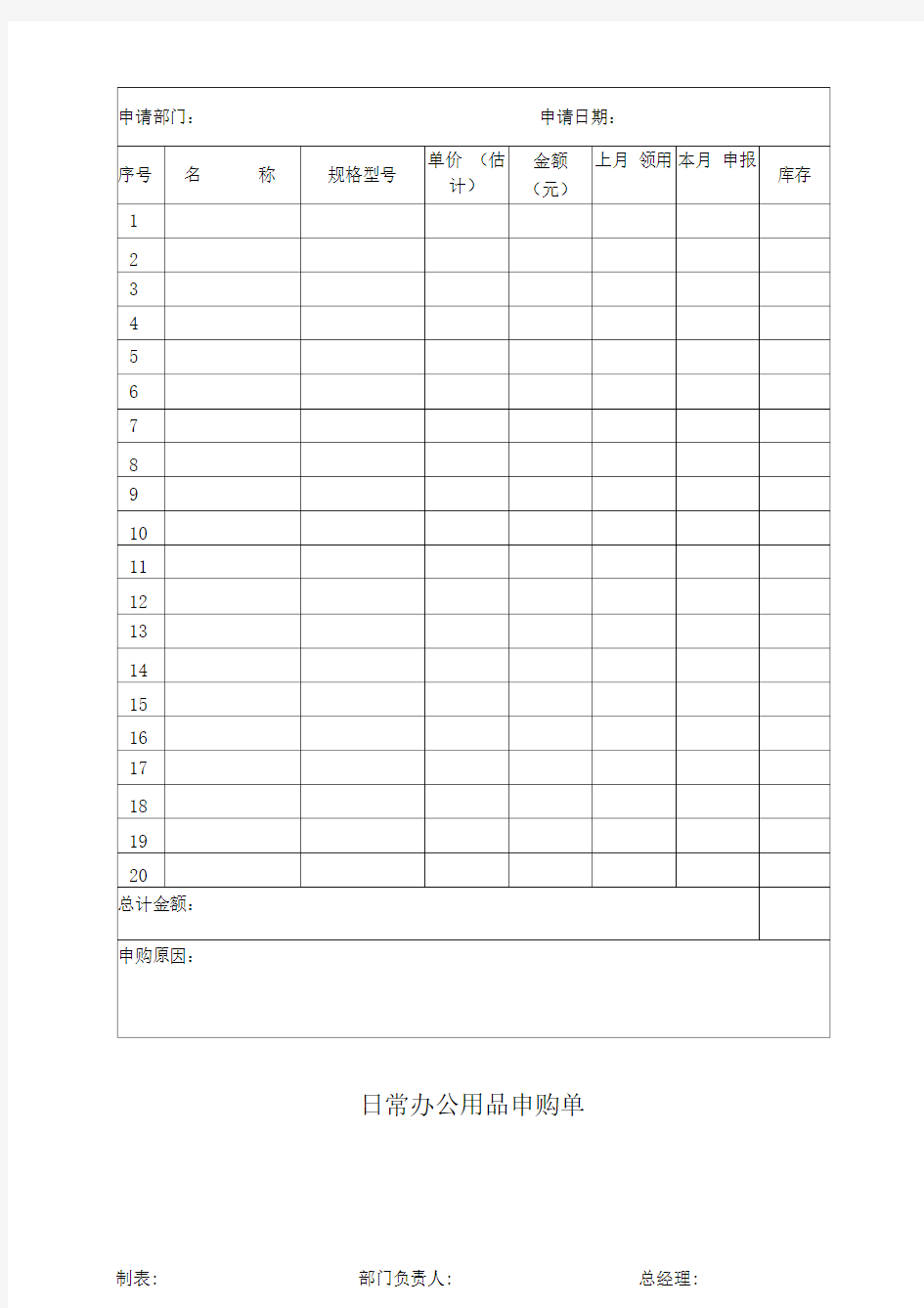 日常办公用品申请购买单