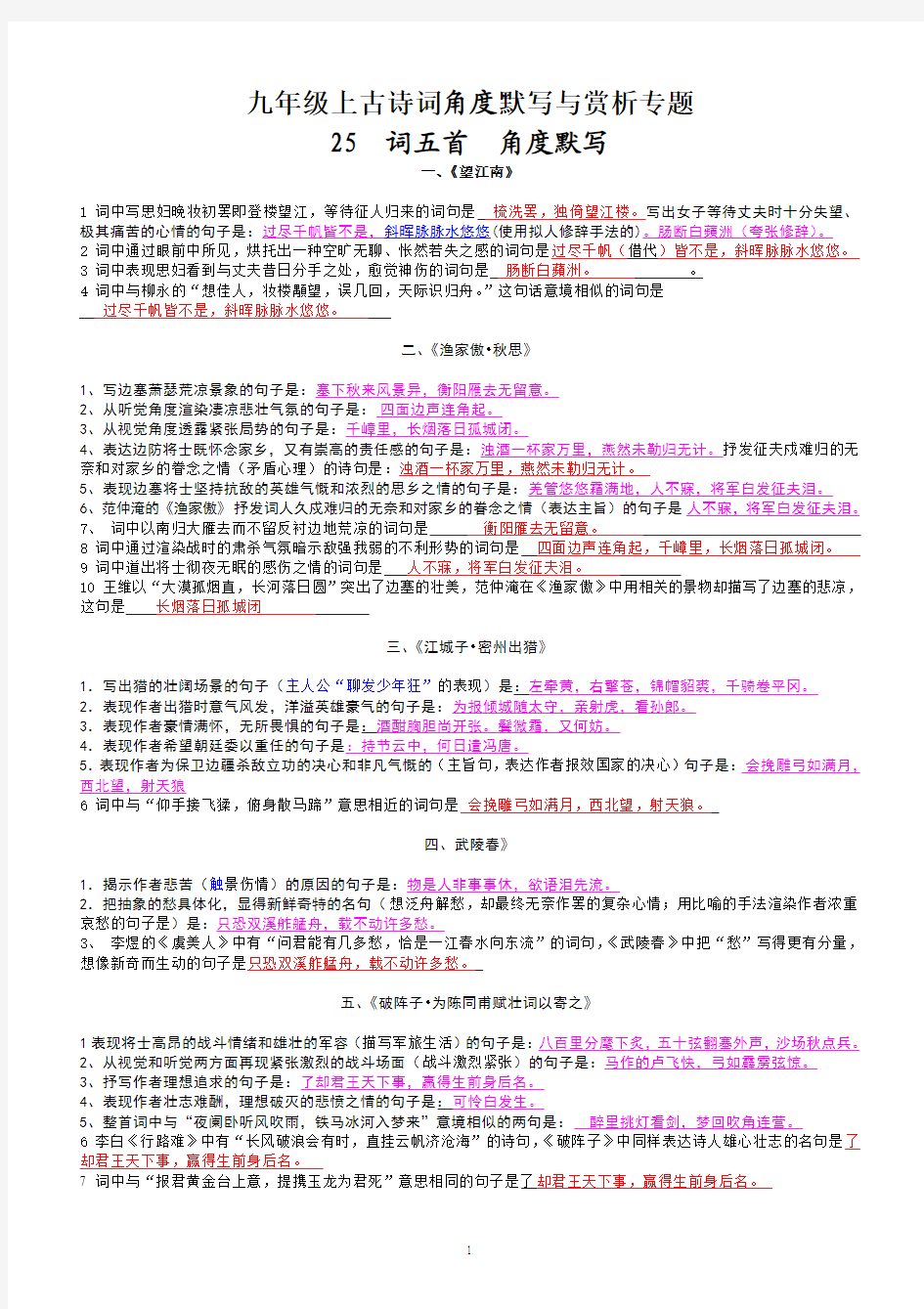 九上语文课外古诗词理解性默写_最实用