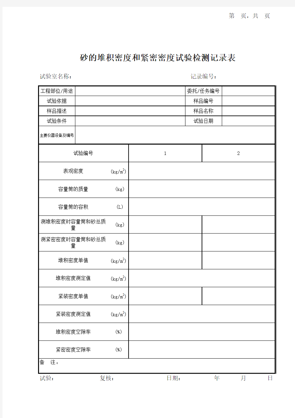 砂的堆积密度和紧密密度试验记录表