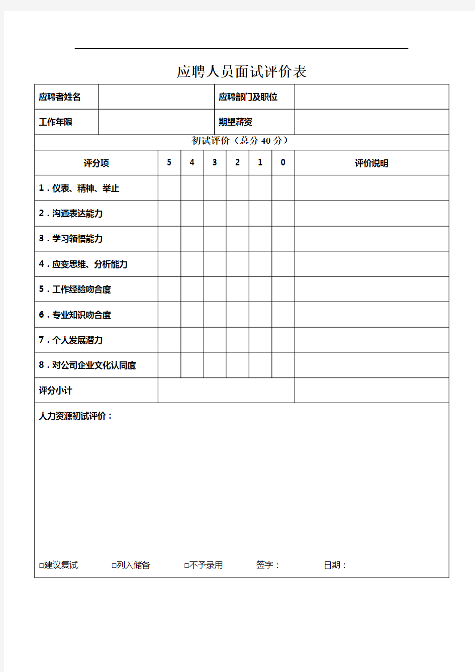 应聘人员面试评价表