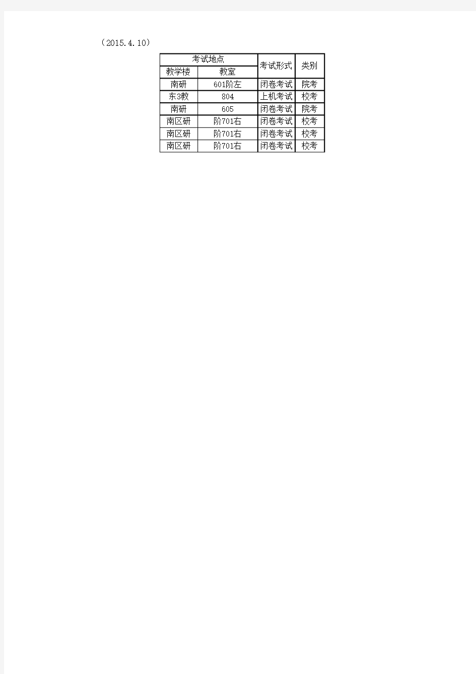 2014-2015学年第二学期期末考试时间安排表