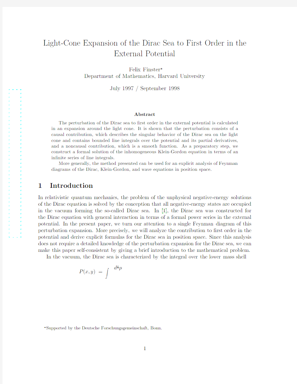 Light-Cone Expansion of the Dirac Sea to First Order in the External Potential