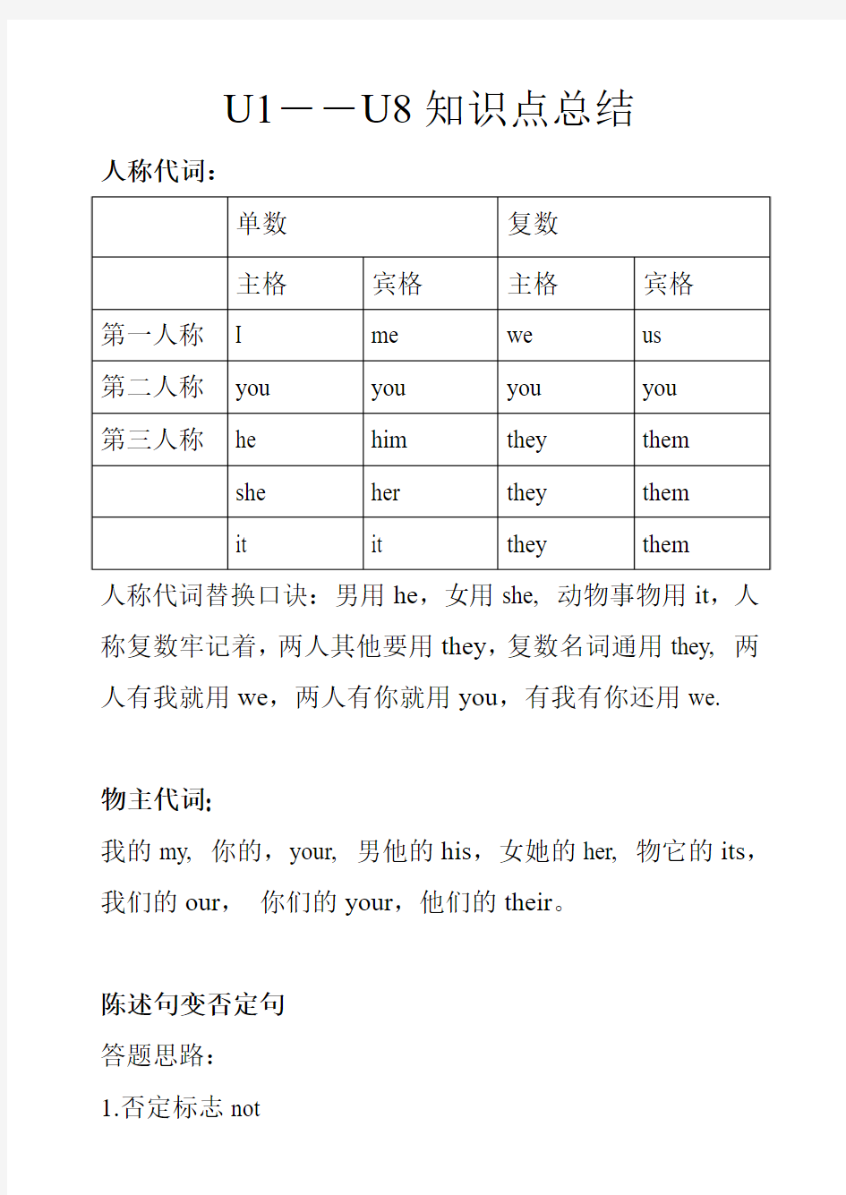 预备级下册  U1--U8知识点