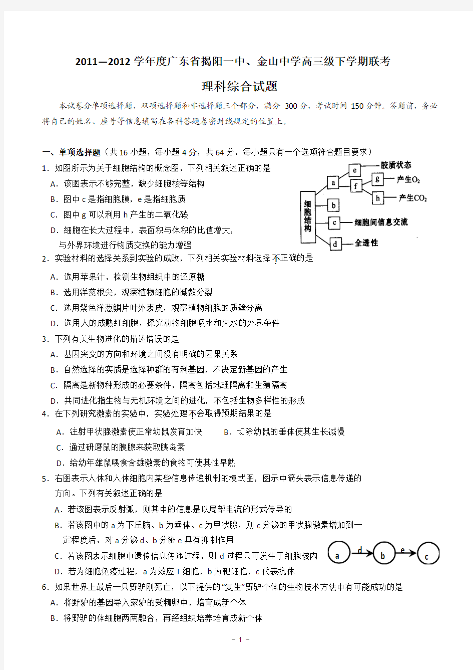 2011—2012学年度广东省揭阳一中、金山中学高三级下学期联考 理综